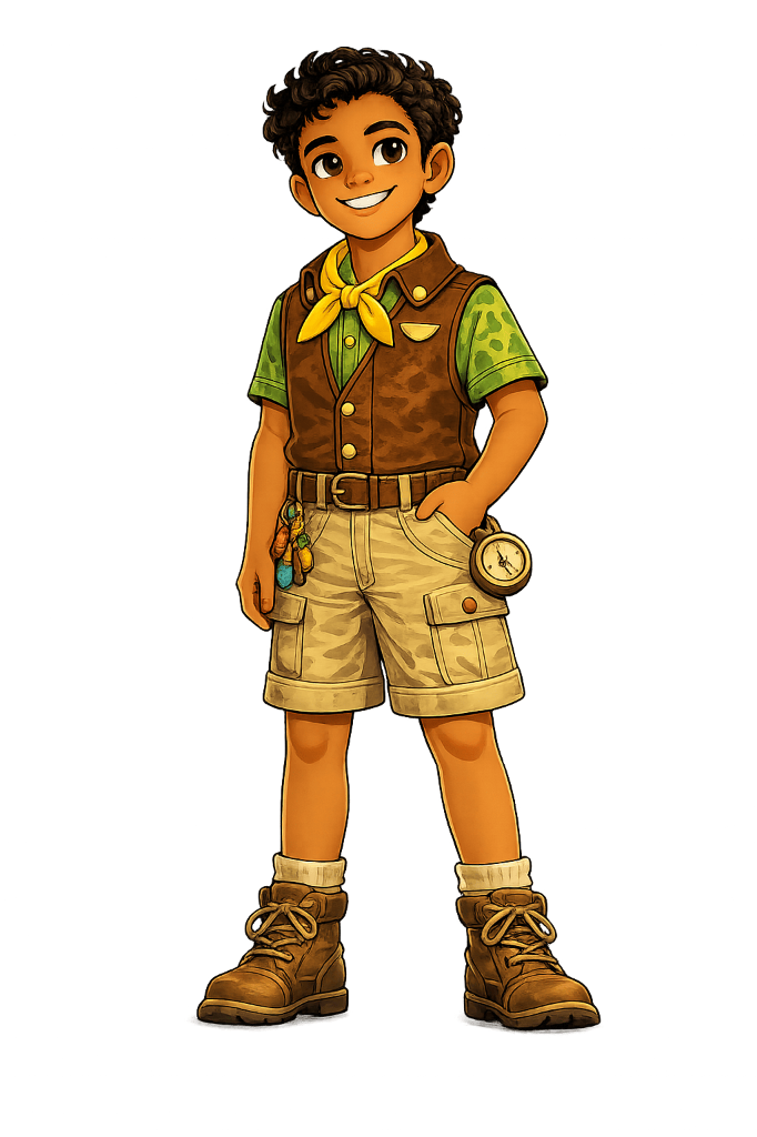Adventurous smiling homeschool boy character wearing scout uniform