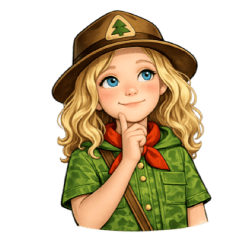 Curious thinking homeschool girl character wearing scout uniform