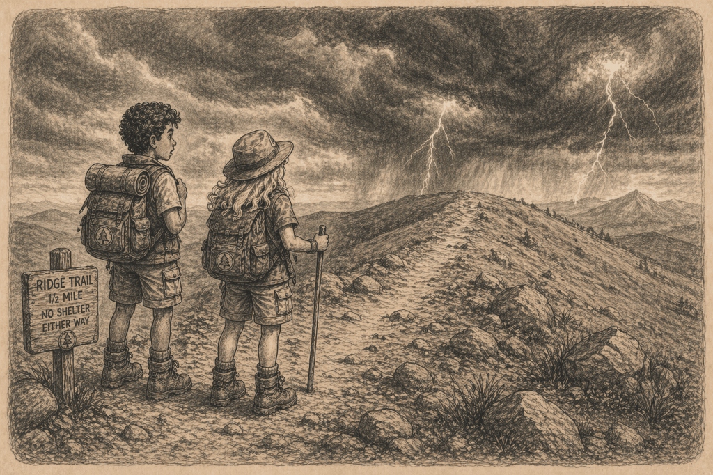 Detailed sketch of two homeschool children with backpacks standing on a ridge path looking at a storm with lightning in the distance